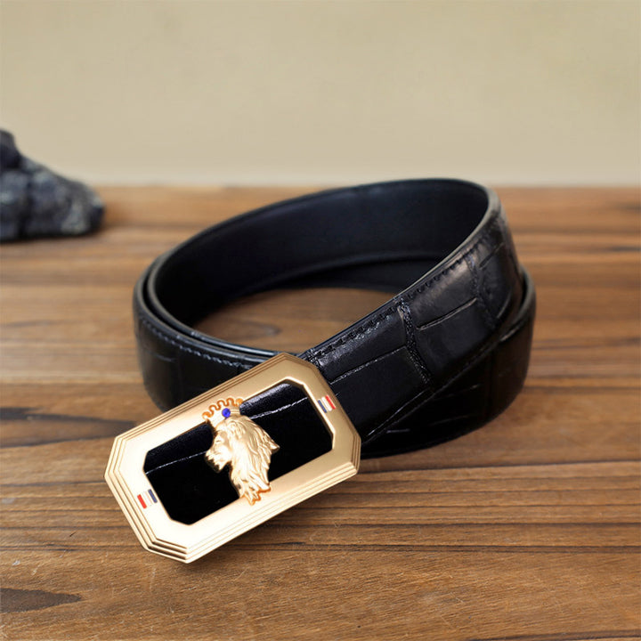 Men's DIY Lion Head Automatic Buckle Leather Belt - Gold - Black Crocodile Pattern Belt (40) - image 2