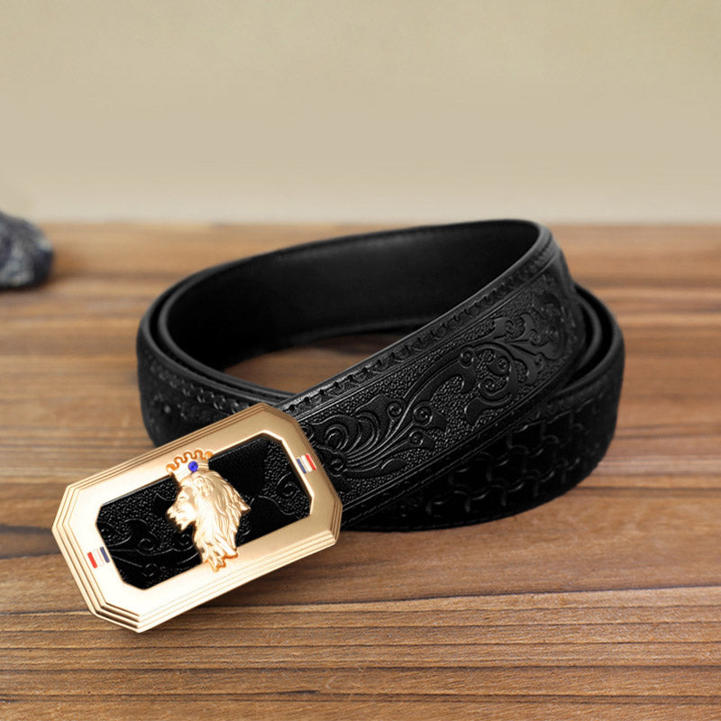 Men's DIY Lion Head Automatic Buckle Leather Belt - Gold - Black Carved Pattern Belt (40) - image 5