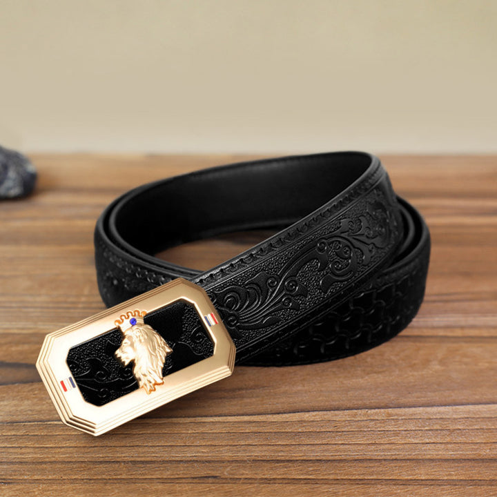Men's DIY Lion Head Automatic Buckle Leather Belt - Gold - Black Carved Pattern Belt (40) - image 5
