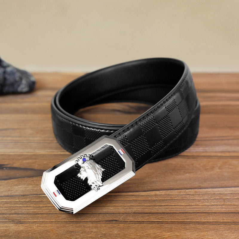 Men's DIY Lion Head Automatic Buckle Leather Belt - Silver - Black Checked Pattern Belt (40) - image 12