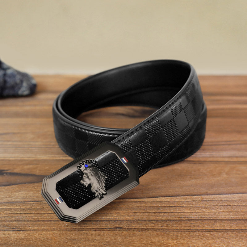 Men's DIY Lion Head Automatic Buckle Leather Belt - Gray - Black Checked Pattern Belt (40) - image 18