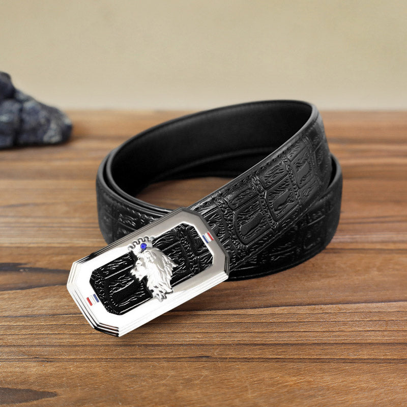 Men's DIY Lion Head Automatic Buckle Leather Belt - Silver - Black Snake Pattern Belt (40) - image 10