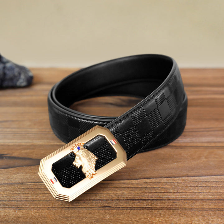 Men's DIY Lion Head Automatic Buckle Leather Belt - Gold - Black Checked Pattern Belt (40) - image 6
