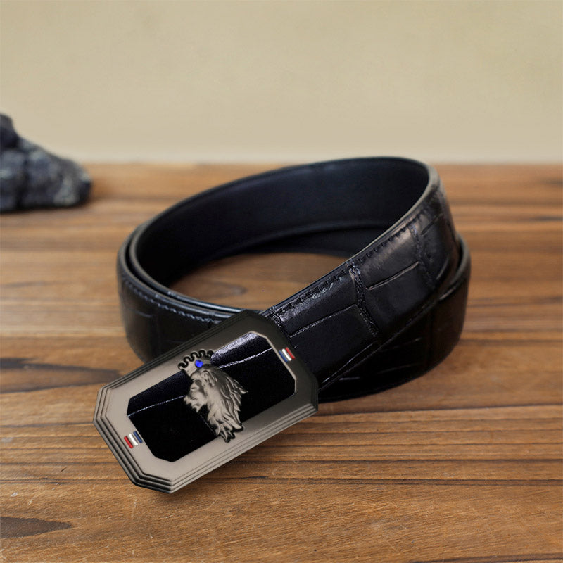 Men's DIY Lion Head Automatic Buckle Leather Belt - Gray - Black Crocodile Pattern Belt (40) - image 14