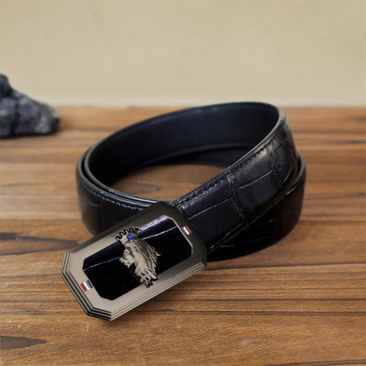 Men's DIY Lion Head Automatic Buckle Leather Belt - Gray - Black Crocodile Pattern Belt (40) - image 14