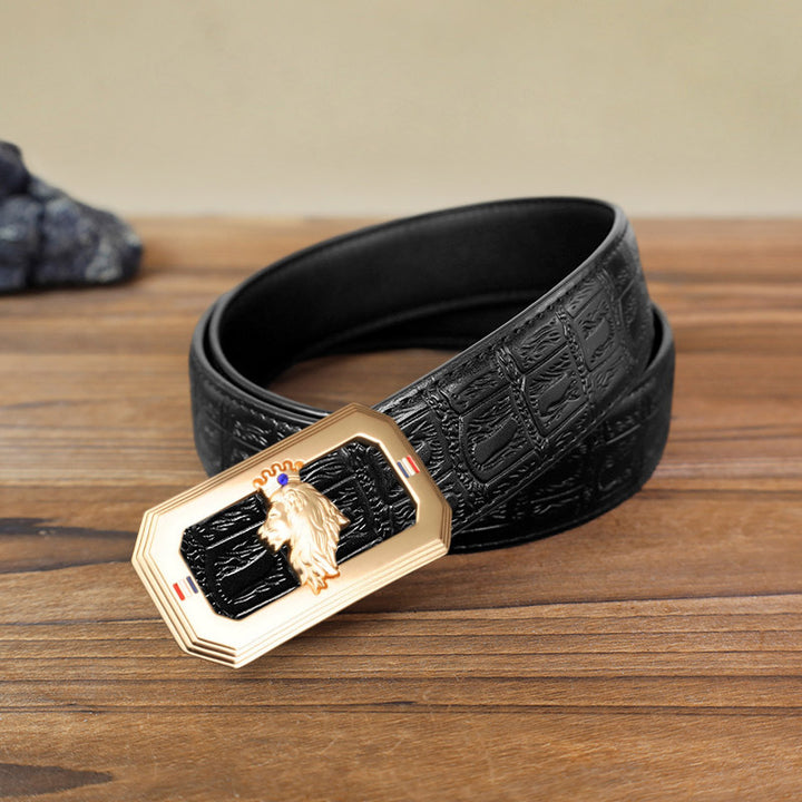 Men's DIY Lion Head Automatic Buckle Leather Belt - Gold - Black Snake Pattern Belt (40) - image 4
