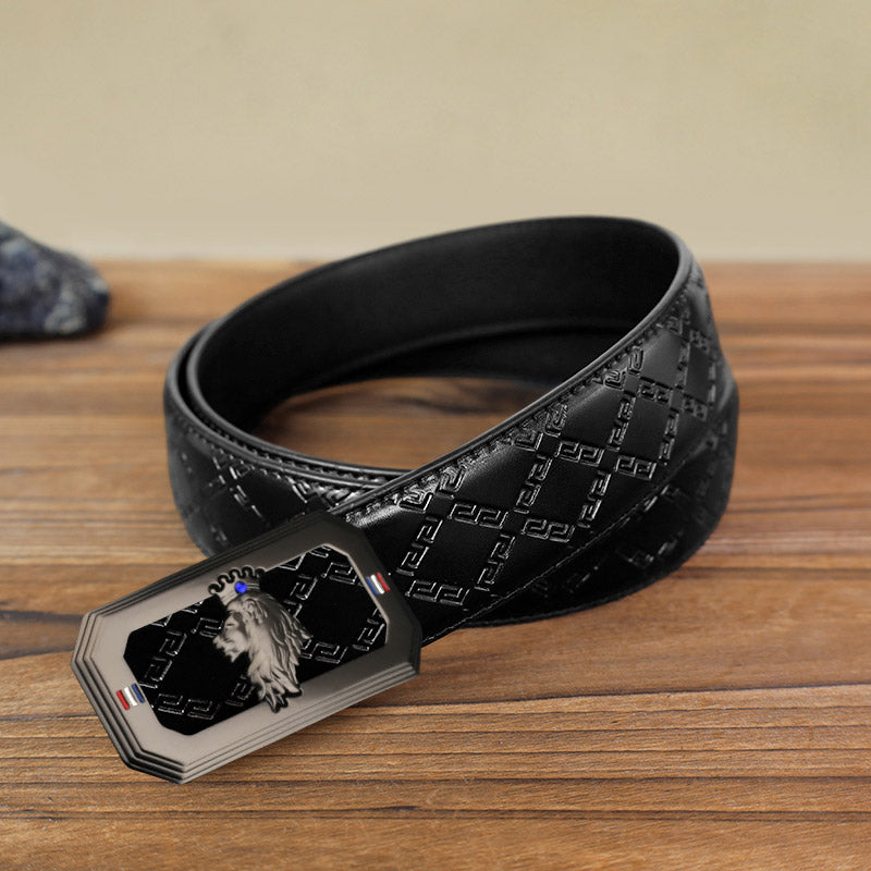 Men's DIY Lion Head Automatic Buckle Leather Belt - Gray - Black Diamond Pattern Belt (40) - image 15