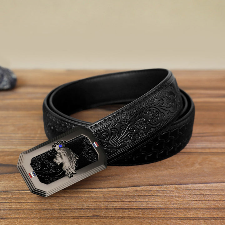 Men's DIY Lion Head Automatic Buckle Leather Belt - Gray - Black Carved Pattern Belt (40) - image 17