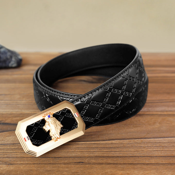 Men's DIY Lion Head Automatic Buckle Leather Belt - Gold - Black Diamond Pattern Belt (40) - image 3
