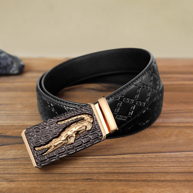 Men's DIY Crocodile Square Automatic Buckle Leather Belt - Gold - Black Diamond Pattern Belt (40) - image 2