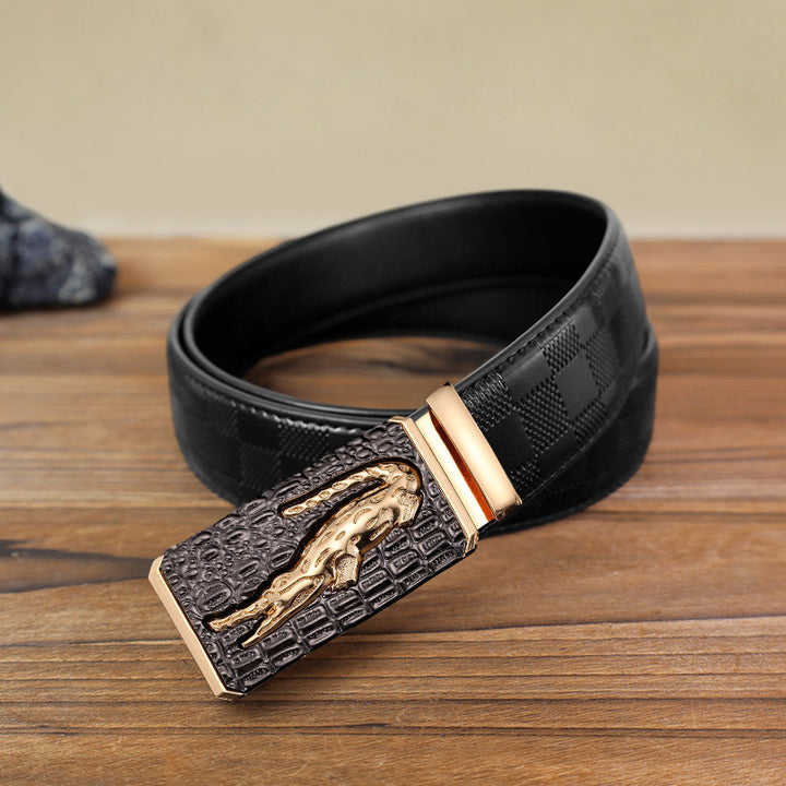 Men's DIY Crocodile Square Automatic Buckle Leather Belt - Gold - Black Checked Pattern Belt (40) - image 5