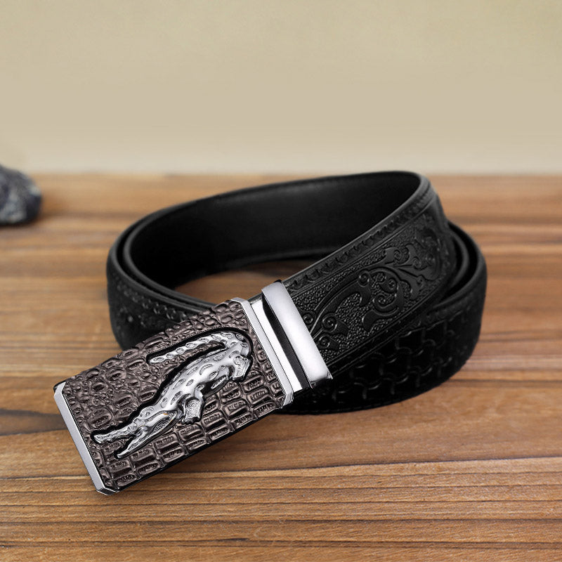 Men's DIY Crocodile Square Automatic Buckle Leather Belt - Silver - Black Carved Pattern Belt (40) - image 10