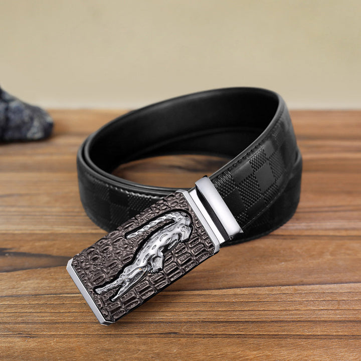 Men's DIY Crocodile Square Automatic Buckle Leather Belt - Silver - Black Checked Pattern Belt (40) - image 11