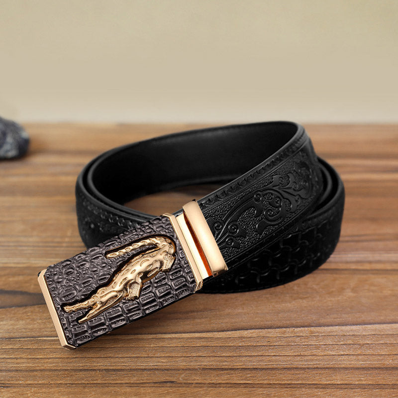 Men's DIY Crocodile Square Automatic Buckle Leather Belt - Gold - Black Carved Pattern Belt (40) - image 4