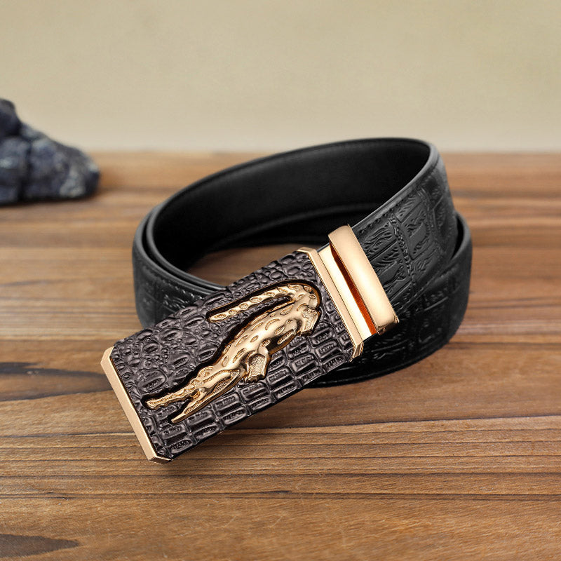 Men's DIY Crocodile Square Automatic Buckle Leather Belt - Gold - Black Snake Pattern Belt (40) - image 3