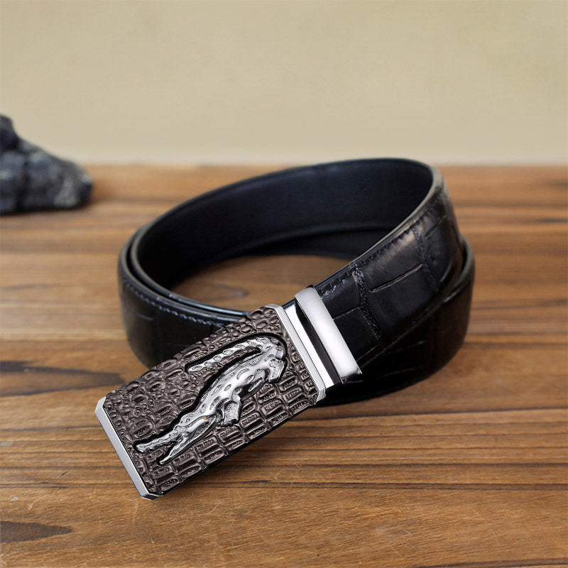 Men's DIY Crocodile Square Automatic Buckle Leather Belt - Silver - Black Crocodile Pattern Belt (40) - image 7