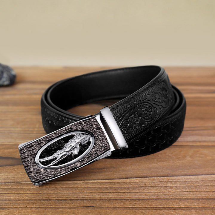 Men's DIY Hollow Crocodile Automatic Buckle Leather Belt - Silver - Black Carved Pattern Belt (40) - image 10