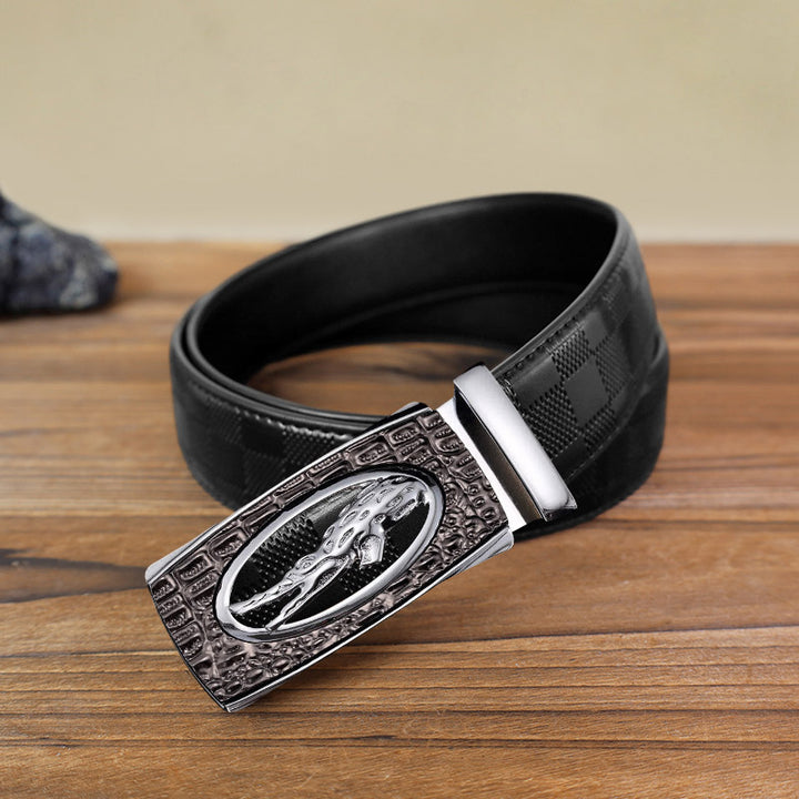 Men's DIY Hollow Crocodile Automatic Buckle Leather Belt - Silver - Black Checked Pattern Belt (40) - image 11