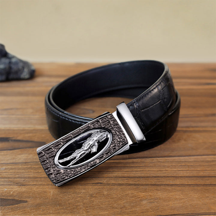 Men's DIY Hollow Crocodile Automatic Buckle Leather Belt - Silver - Black Crocodile Pattern Belt (40) - image 7