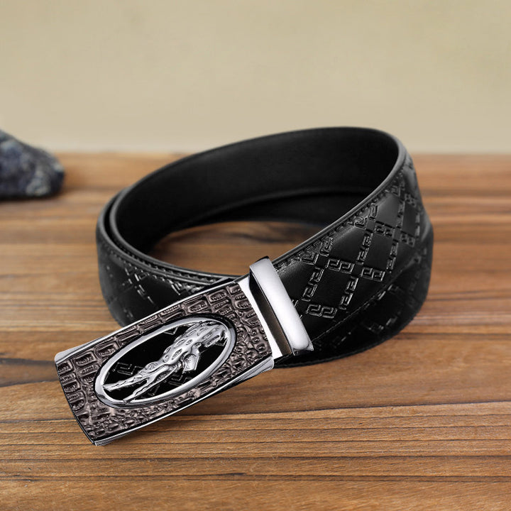 Men's DIY Hollow Crocodile Automatic Buckle Leather Belt - Silver - Black Diamond Pattern Belt (40) - image 8