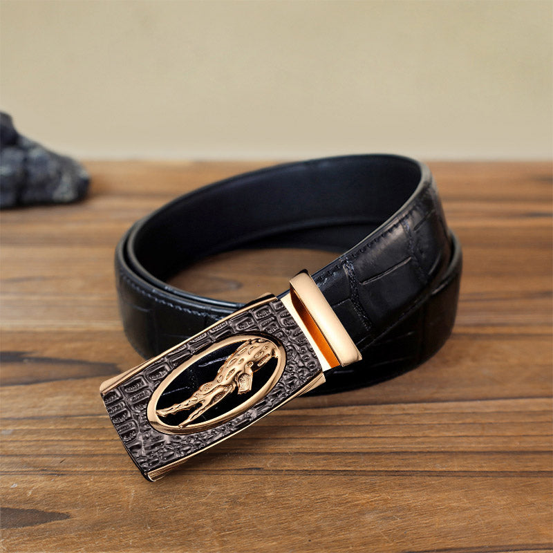 Men's DIY Hollow Crocodile Automatic Buckle Leather Belt - Gold - Black Crocodile Pattern Belt (40) - image 1