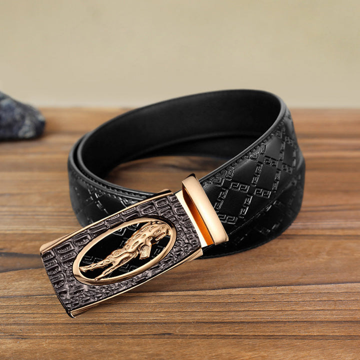 Men's DIY Hollow Crocodile Automatic Buckle Leather Belt - Gold - Black Diamond Pattern Belt (40) - image 2
