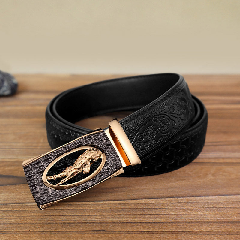 Men's DIY Hollow Crocodile Automatic Buckle Leather Belt - Gold - Black Carved Pattern Belt (40) - image 4