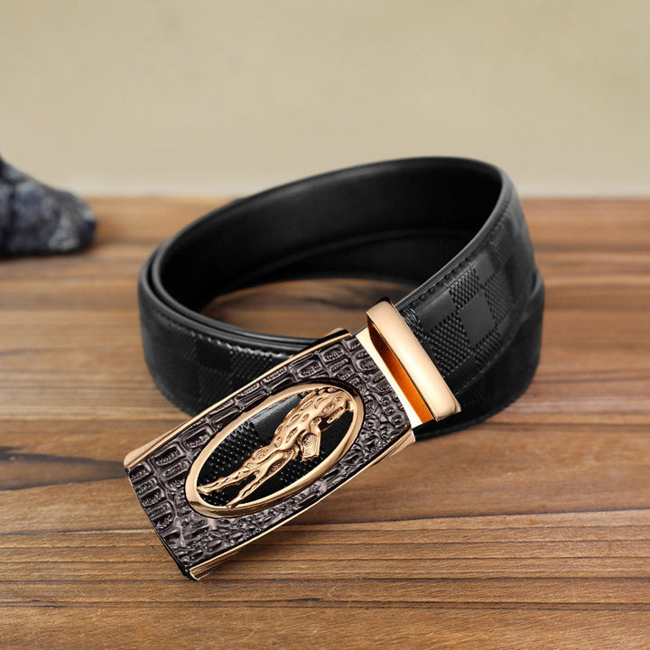Men's DIY Hollow Crocodile Automatic Buckle Leather Belt - Gold - Black Checked Pattern Belt (40) - image 5