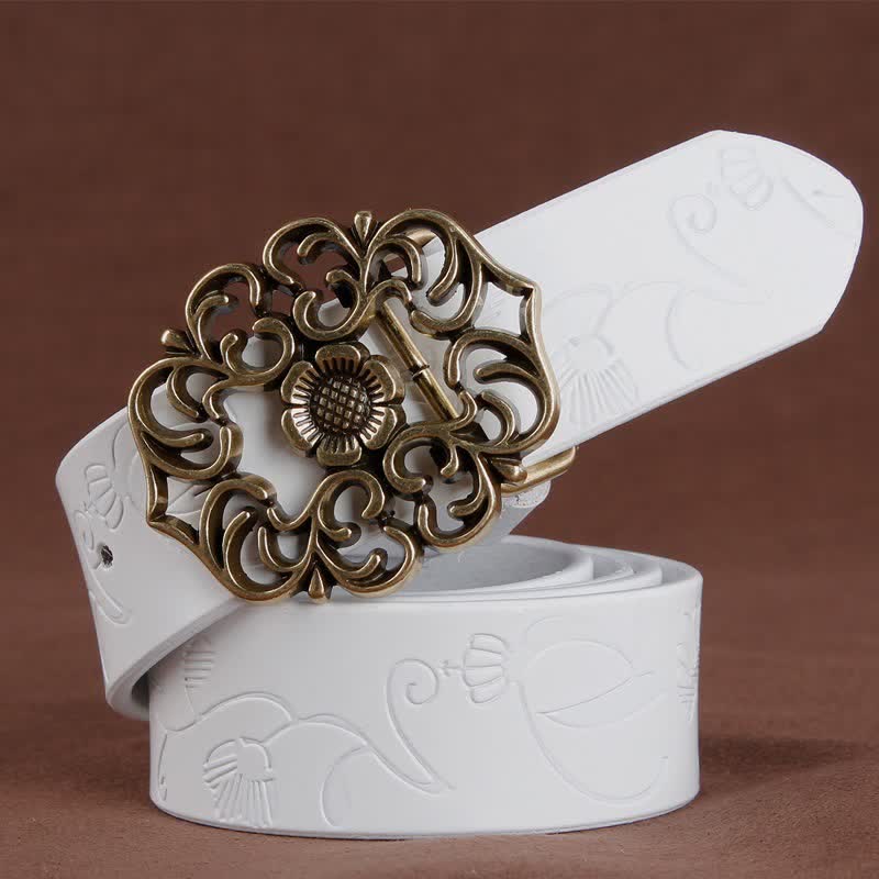 Women's Vintage Flower Hollow Buckle Embossed Leather Belt - White - 40 - image 8