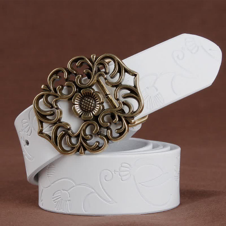 Women's Vintage Flower Hollow Buckle Embossed Leather Belt - White - 40 - image 8