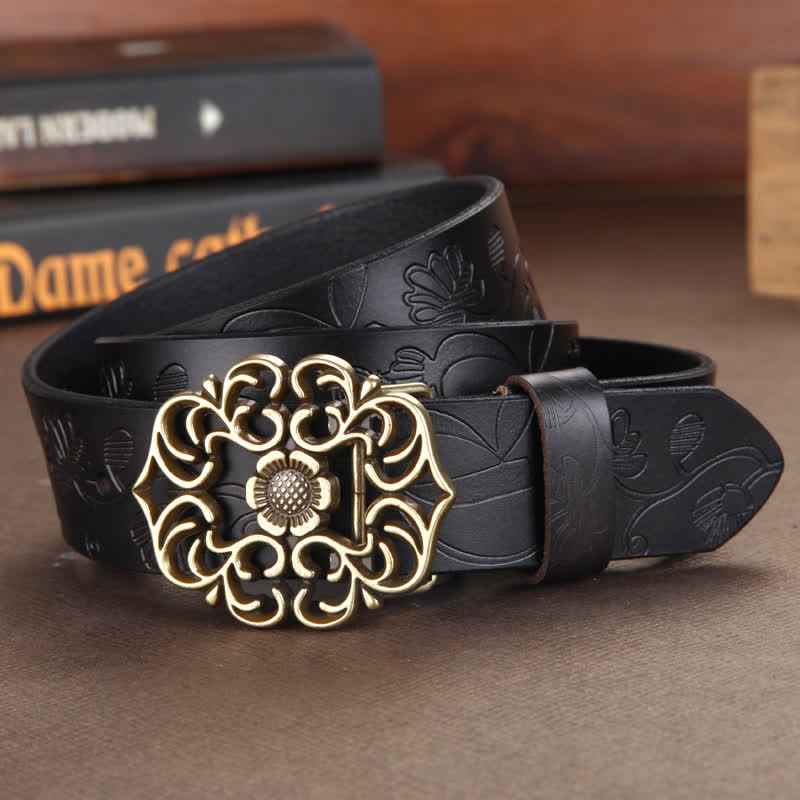 Women's Vintage Flower Hollow Buckle Embossed Leather Belt - Black - 40 - image 9