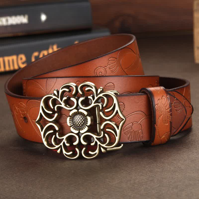 Women's Vintage Flower Hollow Buckle Embossed Leather Belt - image 5