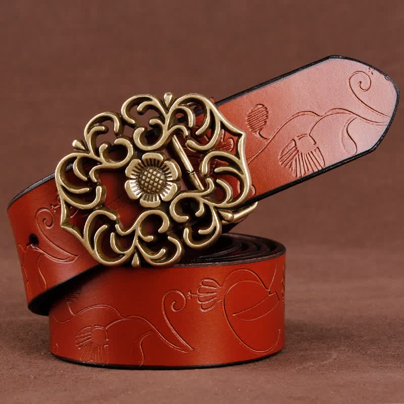 Women's Vintage Flower Hollow Buckle Embossed Leather Belt - Brown - 40 - image 4