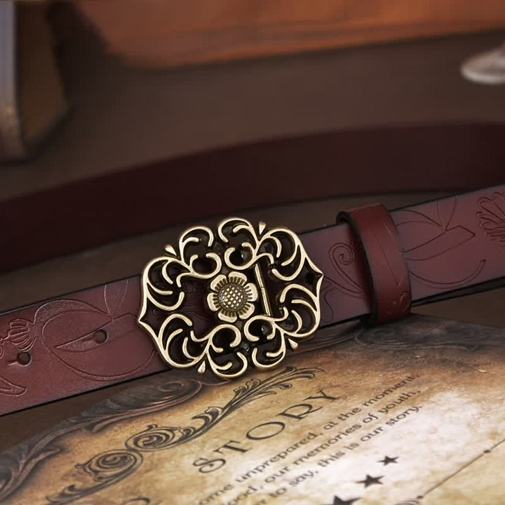 Women's Vintage Flower Hollow Buckle Embossed Leather Belt - image 3