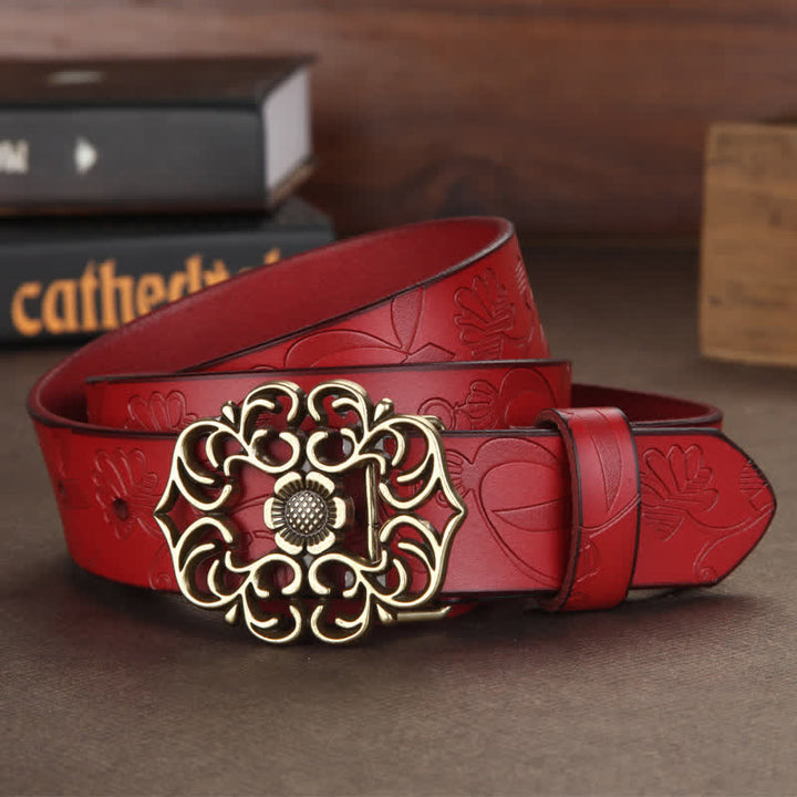 Women's Vintage Flower Hollow Buckle Embossed Leather Belt - Red - 40 - image 10
