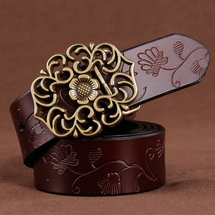 Women's Vintage Flower Hollow Buckle Embossed Leather Belt - Coffee - 40 - image 0