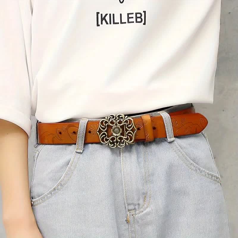 Women's Vintage Flower Hollow Buckle Embossed Leather Belt - image 1
