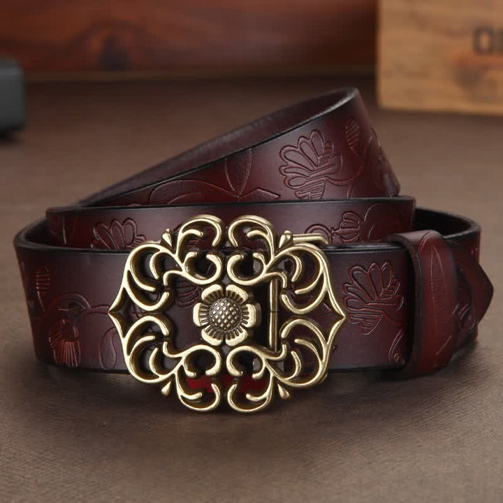 Women's Vintage Flower Hollow Buckle Embossed Leather Belt - image 2