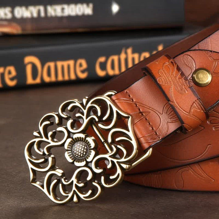 Women's Vintage Flower Hollow Buckle Embossed Leather Belt - image 6