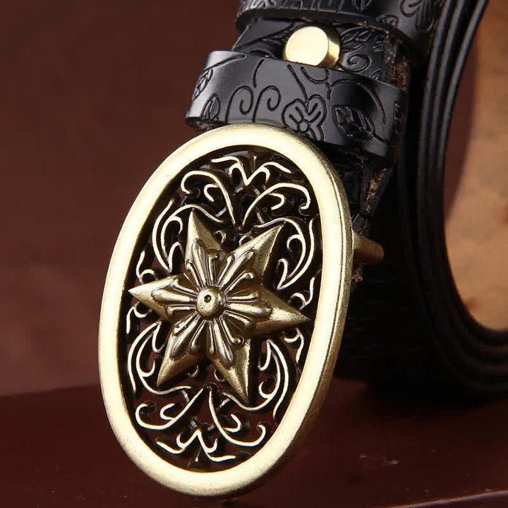 Women's Flower Embossing Five-Pointed Star Buckle Leather Belt - image 5
