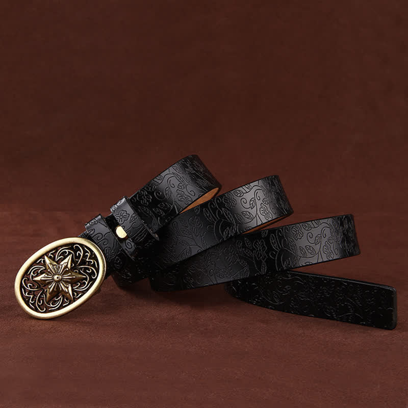 Women's Flower Embossing Five-Pointed Star Buckle Leather Belt - image 4