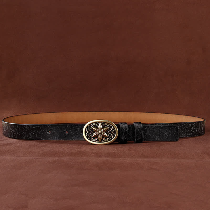 Women's Flower Embossing Five-Pointed Star Buckle Leather Belt - image 8