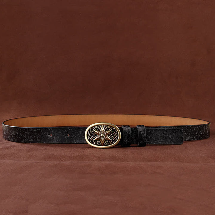 Women's Flower Embossing Five-Pointed Star Buckle Leather Belt - image 8