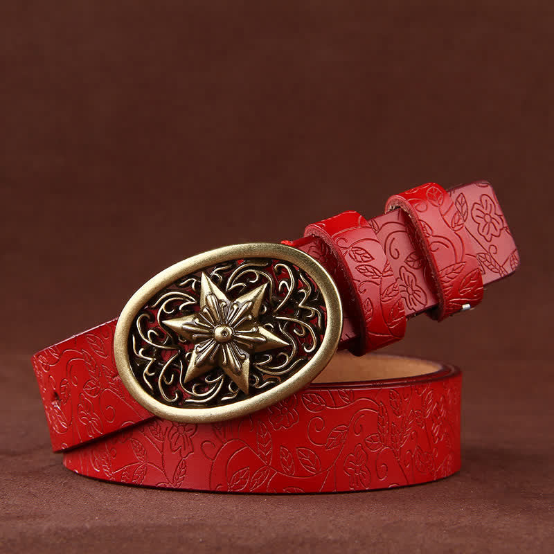 Women's Flower Embossing Five-Pointed Star Buckle Leather Belt - Red - 42 - image 9