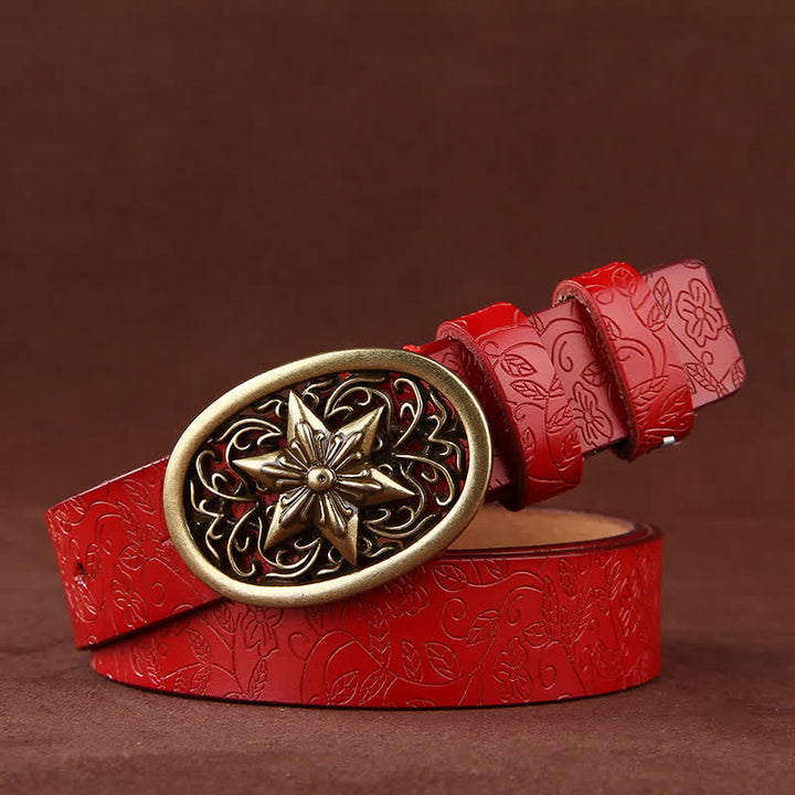 Women's Flower Embossing Five-Pointed Star Buckle Leather Belt - Red - 42 - image 9