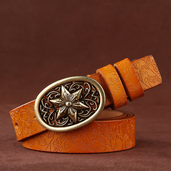 Women's Flower Embossing Five-Pointed Star Buckle Leather Belt - Orange - 42 - image 12