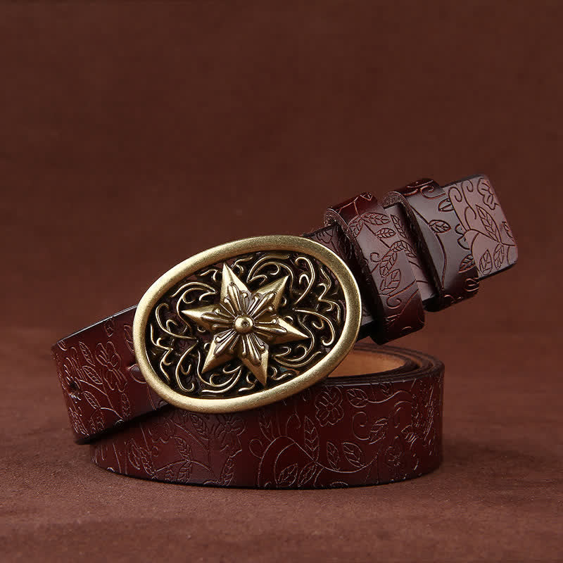 Women's Flower Embossing Five-Pointed Star Buckle Leather Belt - Coffee - 42 - image 0
