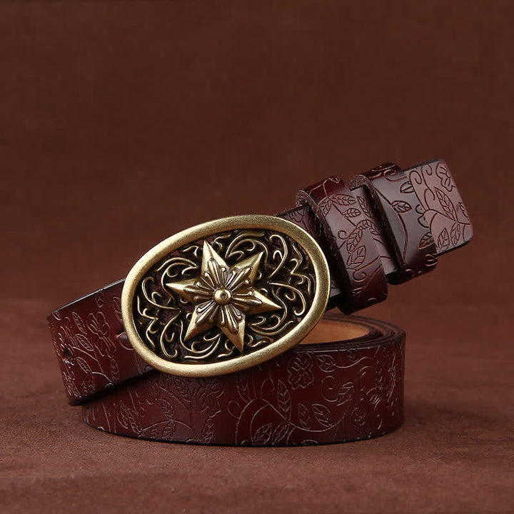 Women's Flower Embossing Five-Pointed Star Buckle Leather Belt - Coffee - 42 - image 0