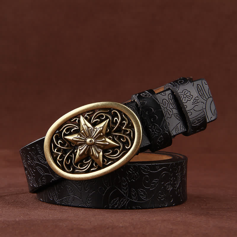 Women's Flower Embossing Five-Pointed Star Buckle Leather Belt - Black - 42 - image 3