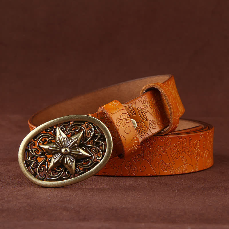 Women's Flower Embossing Five-Pointed Star Buckle Leather Belt - image 13